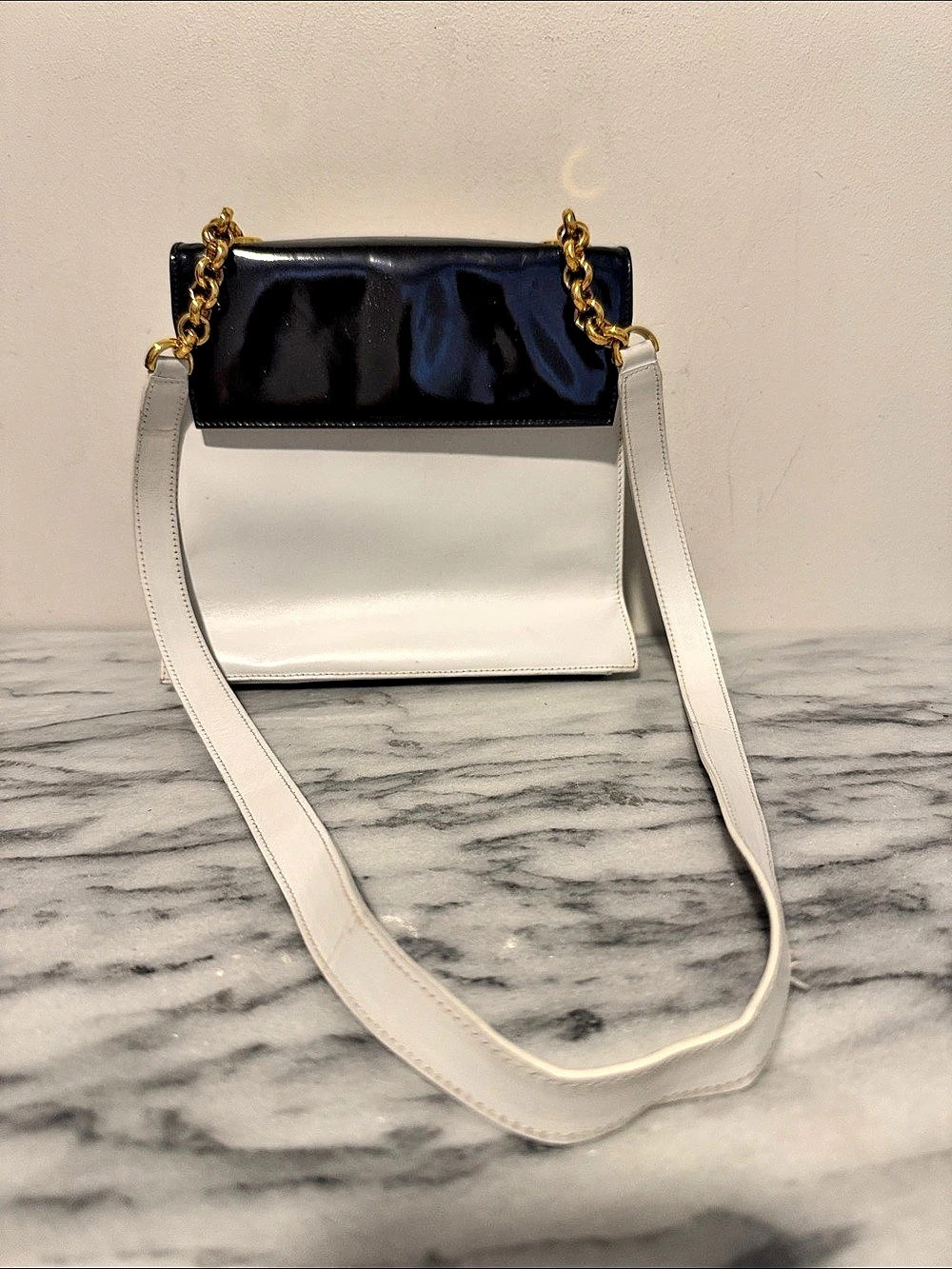 Salvatore Ferragamo Patent Shoulder Bag in White & Black vintage